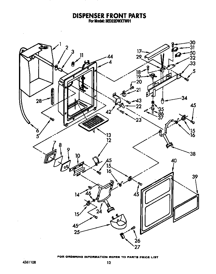 Whirlpool 3ED22DWXTW01 dispenser front diagram