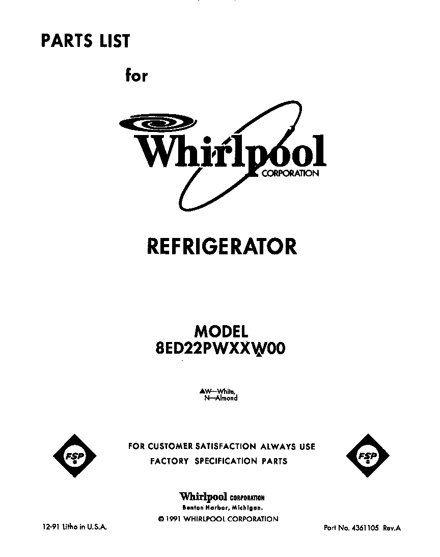 Whirlpool 8ED22PWXXW00 front cover diagram