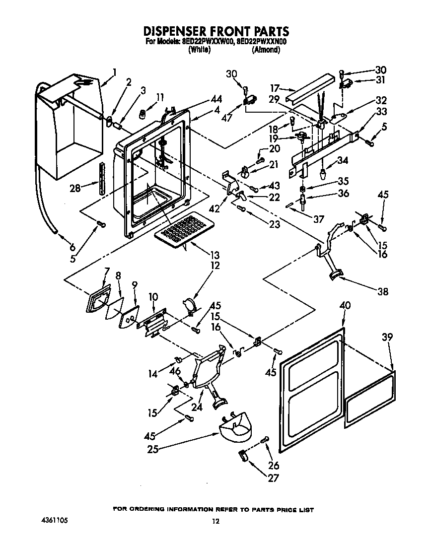 Whirlpool 8ED22PWXXW00 dispenser front diagram