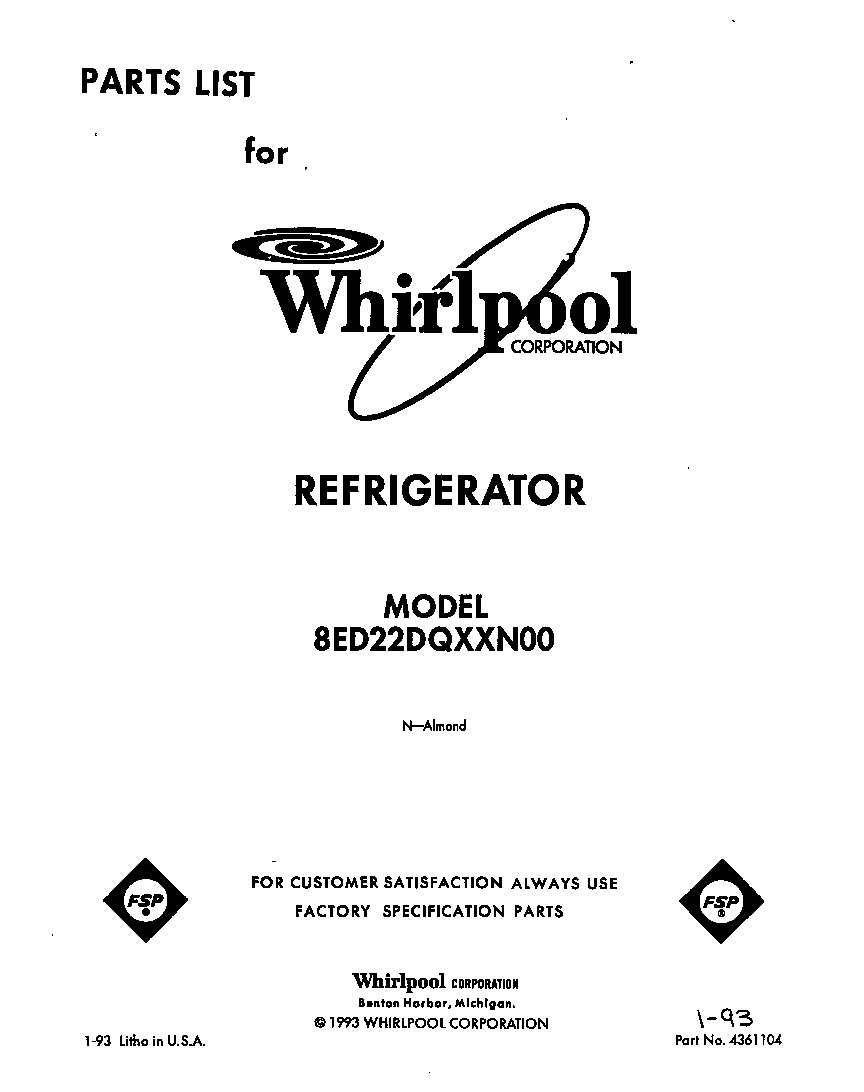 Whirlpool 8ED22DQXXN00 front cover diagram