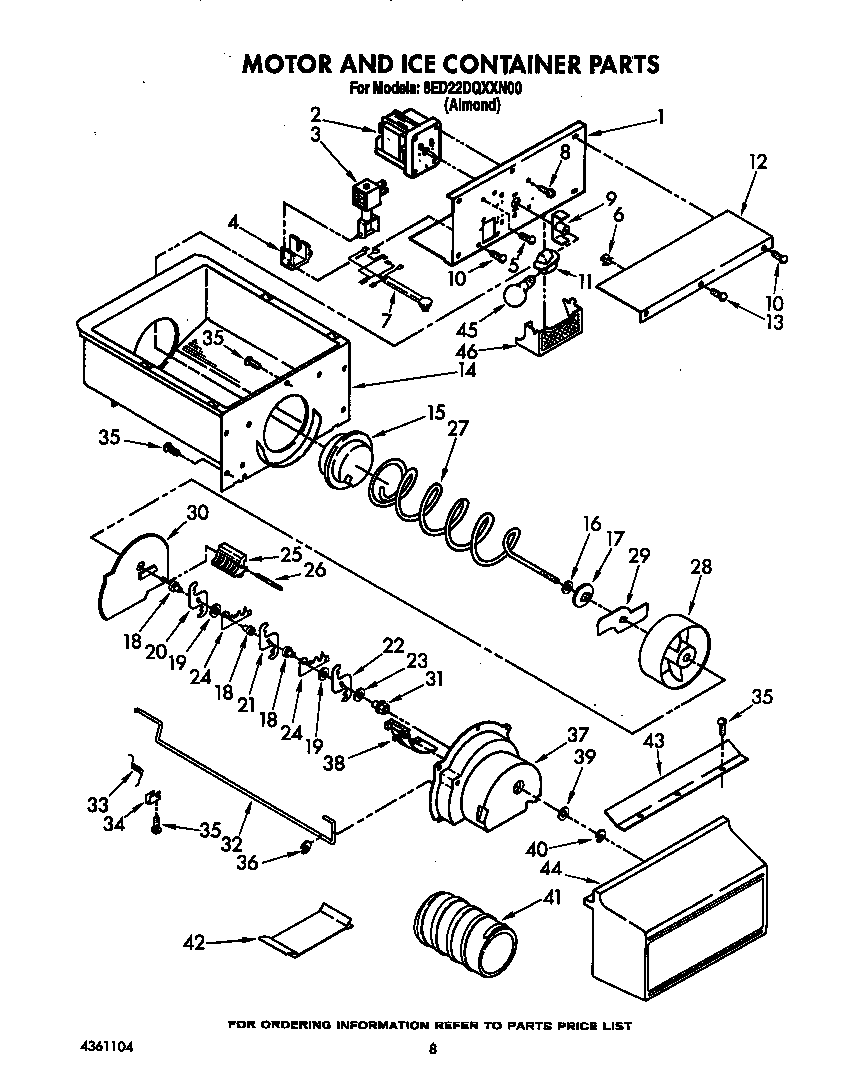 Whirlpool 8ED22DQXXN00 motor and ice container diagram