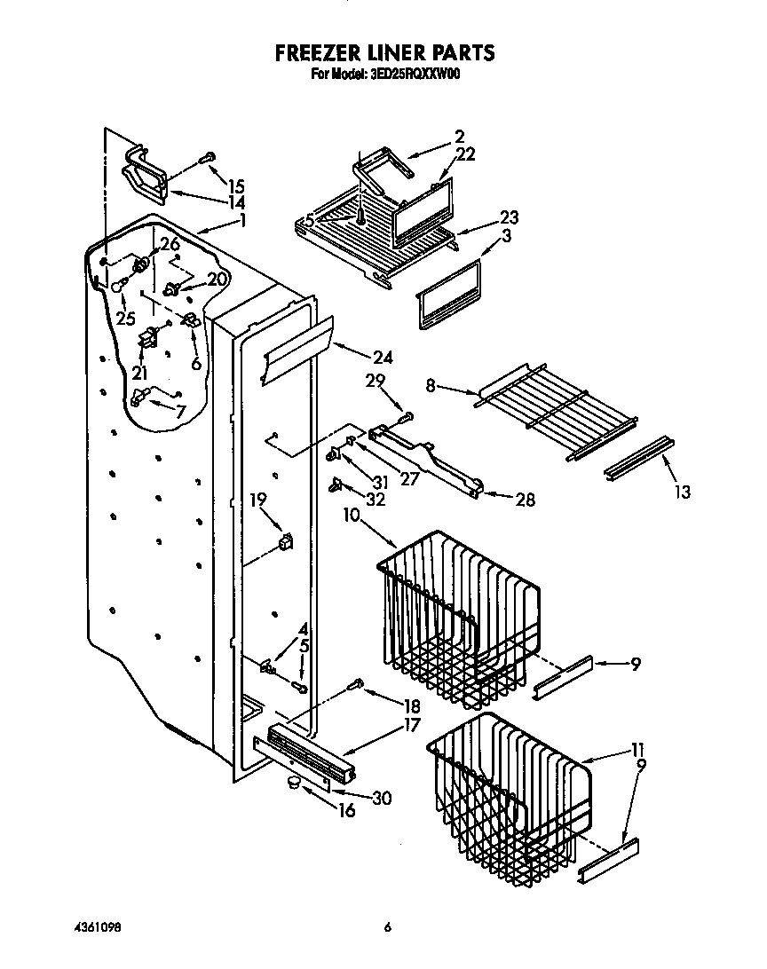 Whirlpool 3ED25RQXXW00 freezer liner diagram
