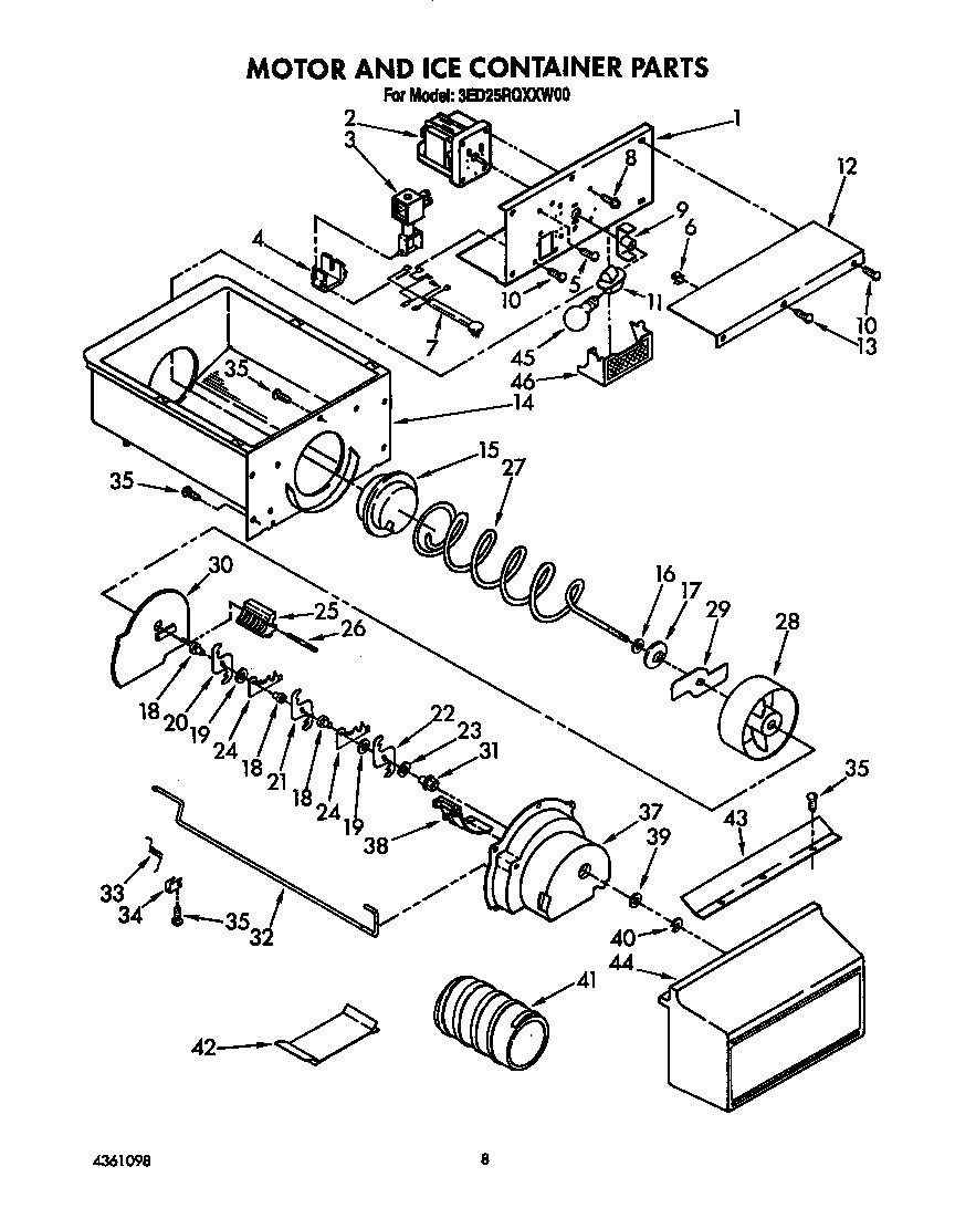 Whirlpool 3ED25RQXXW00 motor and ice container diagram