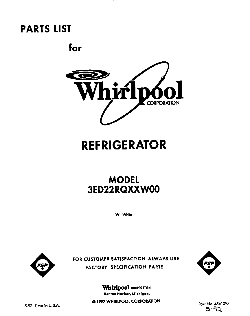 Whirlpool 3ED22RQXXW00 front cover diagram