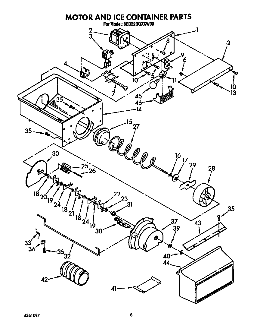 Whirlpool 3ED22RQXXW00 motor and ice container diagram