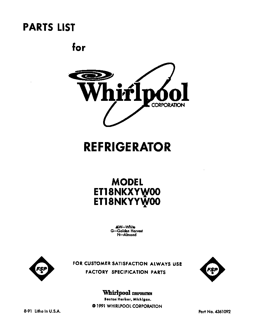 Whirlpool ET18NKYYW00 front cover diagram