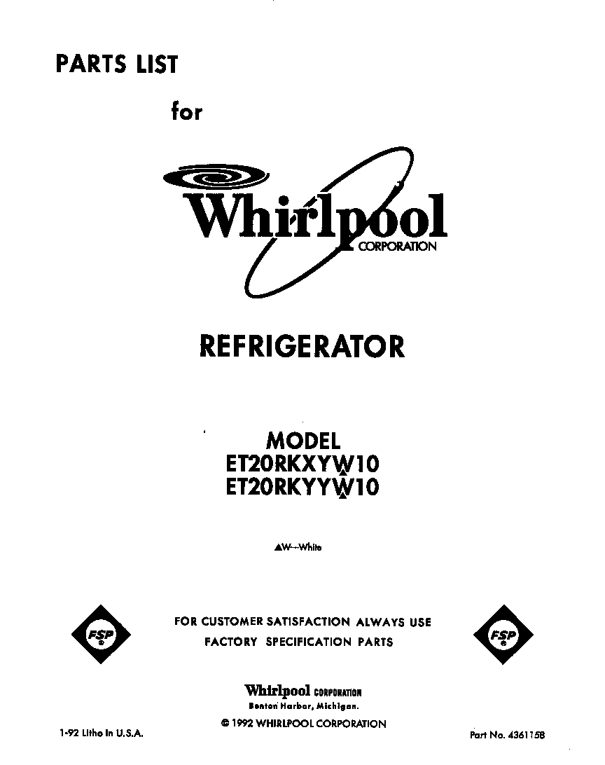 Whirlpool ET20RKYYW10 front cover diagram