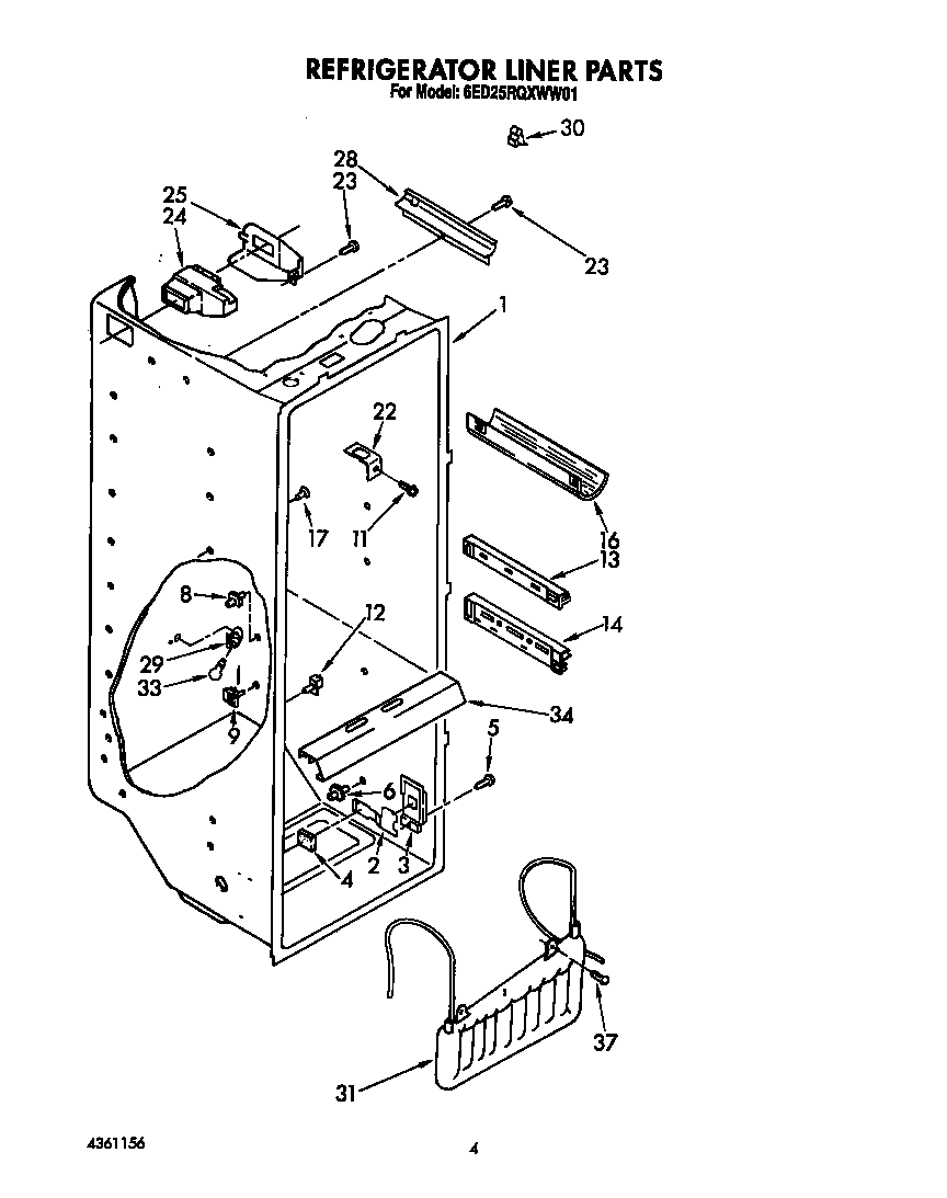 Whirlpool 6ED25RQXWW01 refrigerator liner diagram