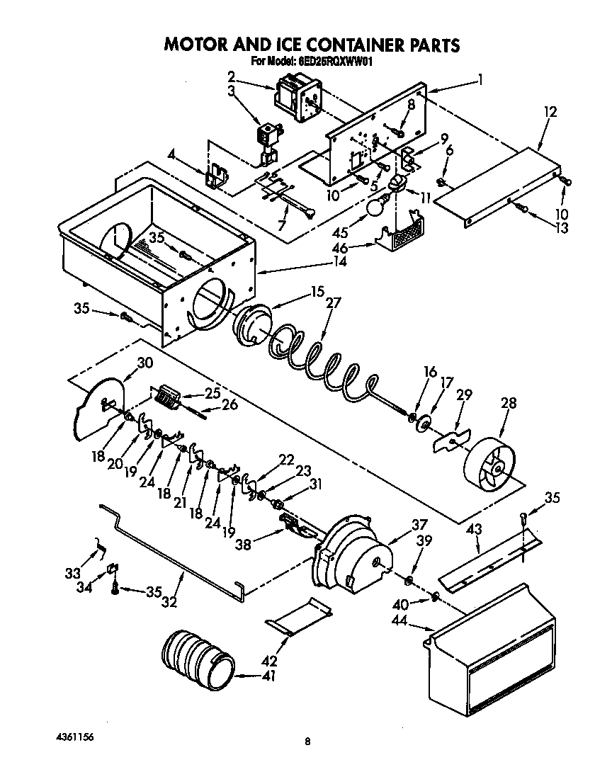 Whirlpool 6ED25RQXWW01 motor and ice container diagram