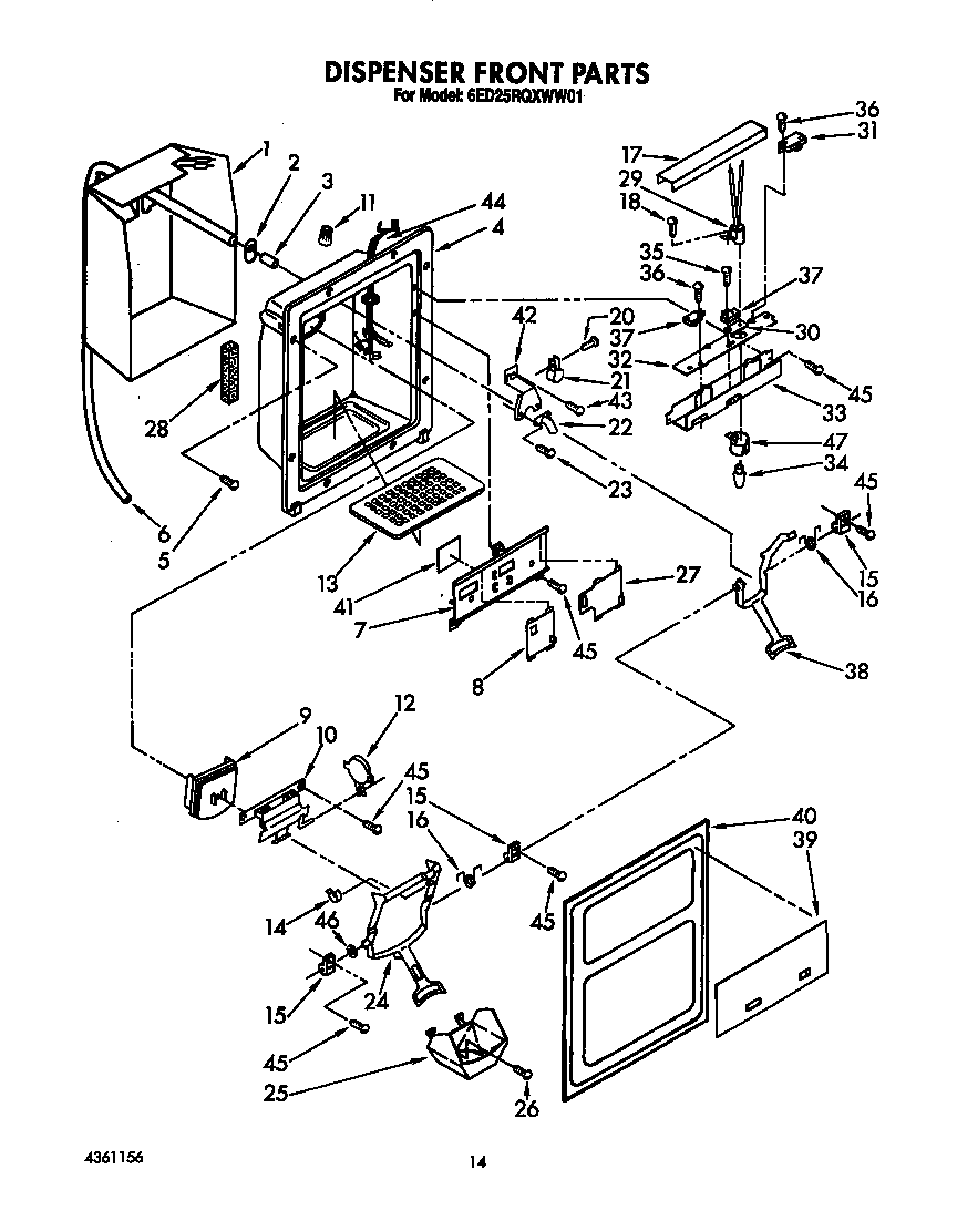 Whirlpool 6ED25RQXWW01 dispenser front diagram