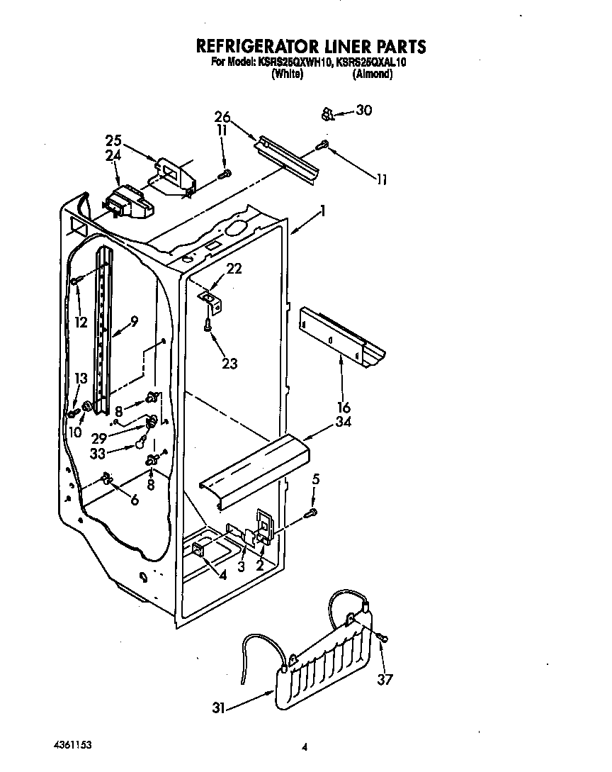 KitchenAid KSRS25QXWH10 refrigerator liner diagram