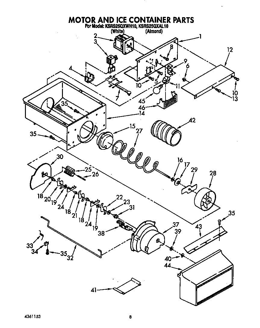 KitchenAid KSRS25QXWH10 motor and ice container diagram