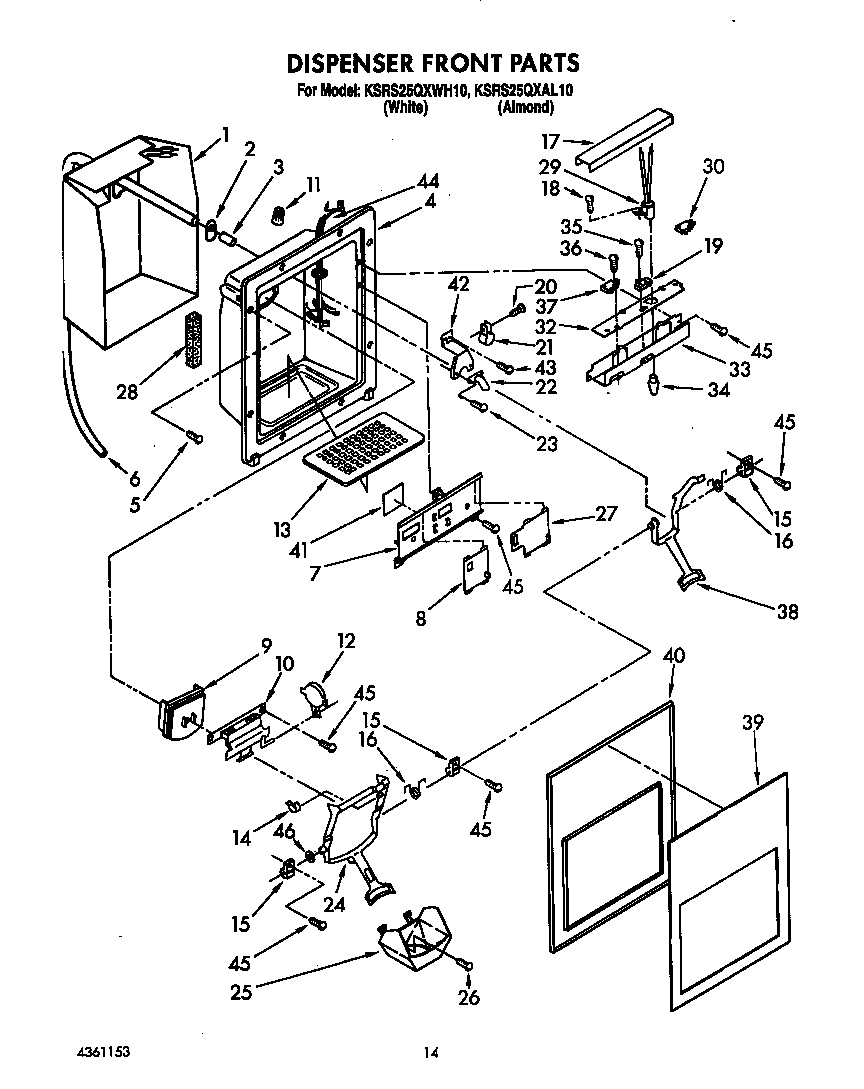 KitchenAid KSRS25QXWH10 dispenser front diagram