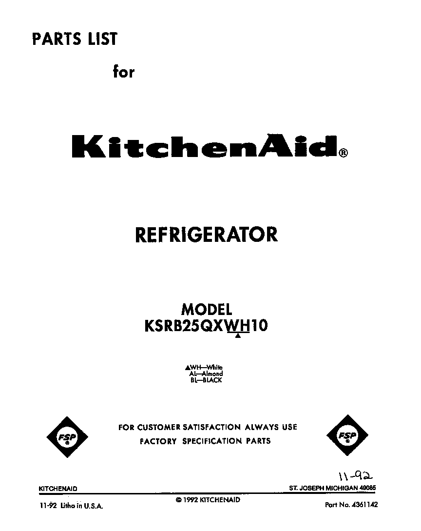 KitchenAid KSRB25QXWH10 front cover diagram