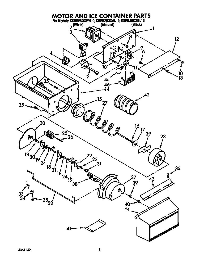 KitchenAid KSRB25QXWH10 motor and ice container diagram