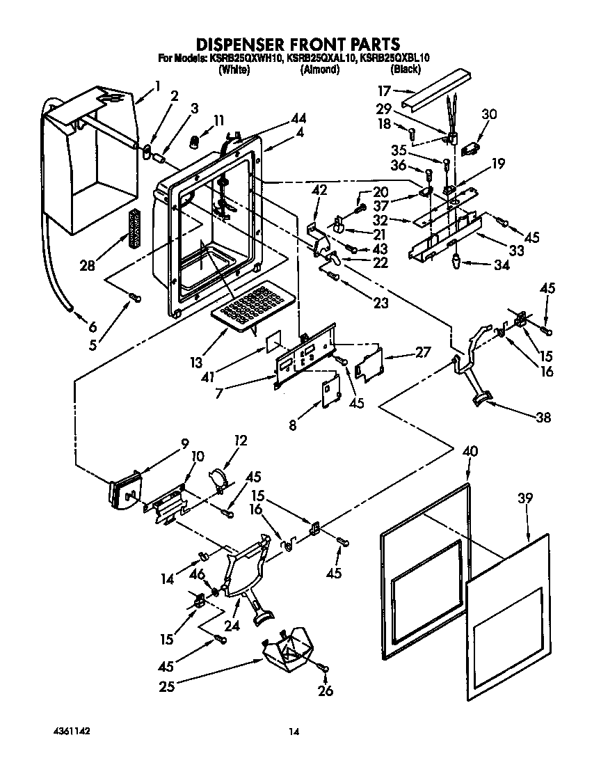 KitchenAid KSRB25QXWH10 dispenser front diagram