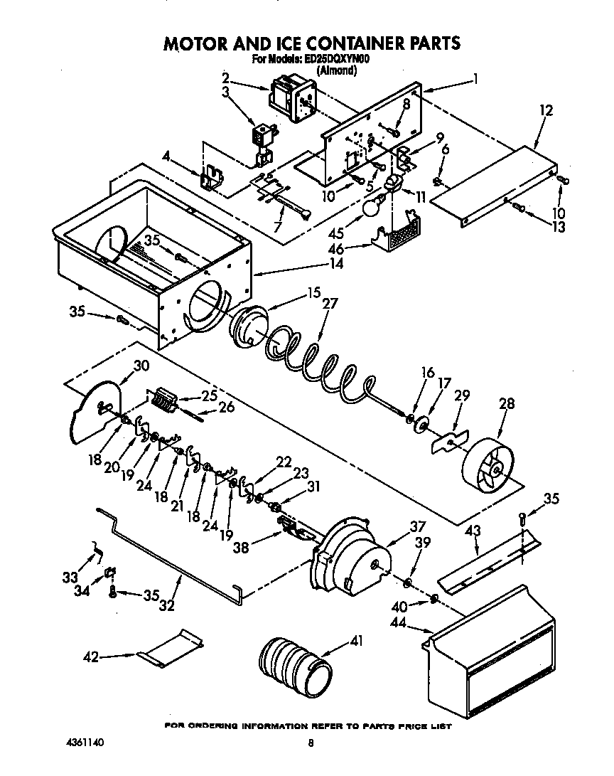 Whirlpool ED25DQXYW00 motor and ice container diagram