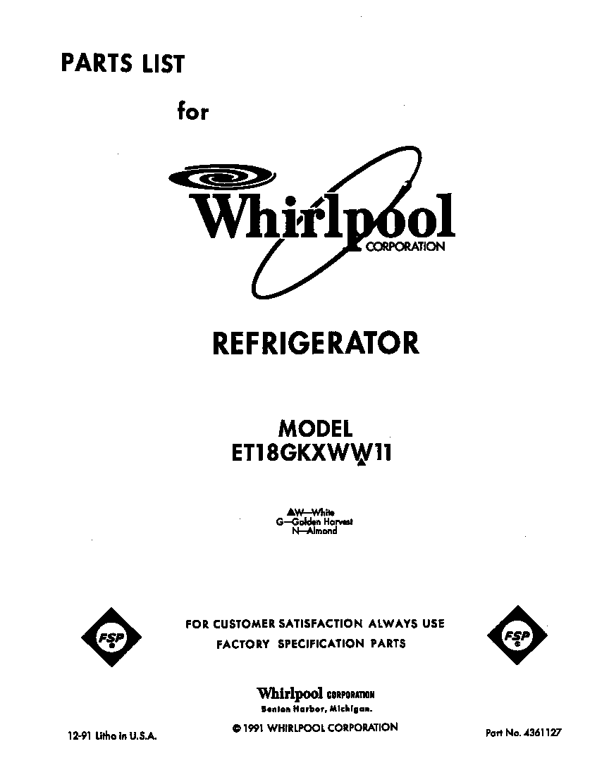 Whirlpool ET18GKXWW11 front cover diagram