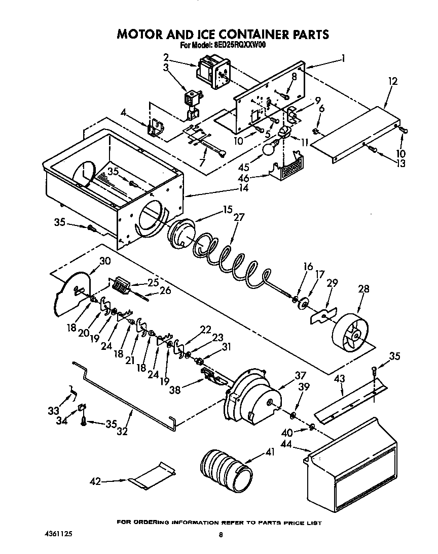 Whirlpool 8ED25RQXXW00 motor and ice container diagram