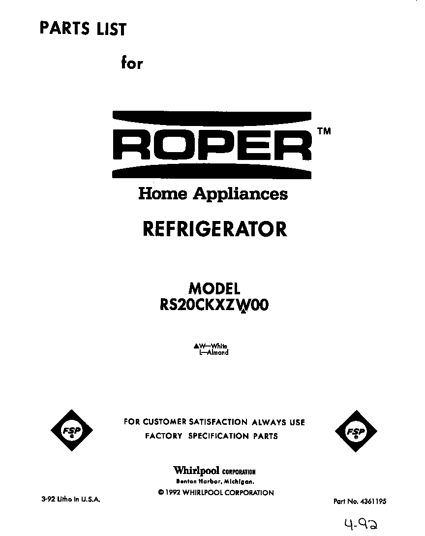 Roper RS20CKXZW00 front cover diagram