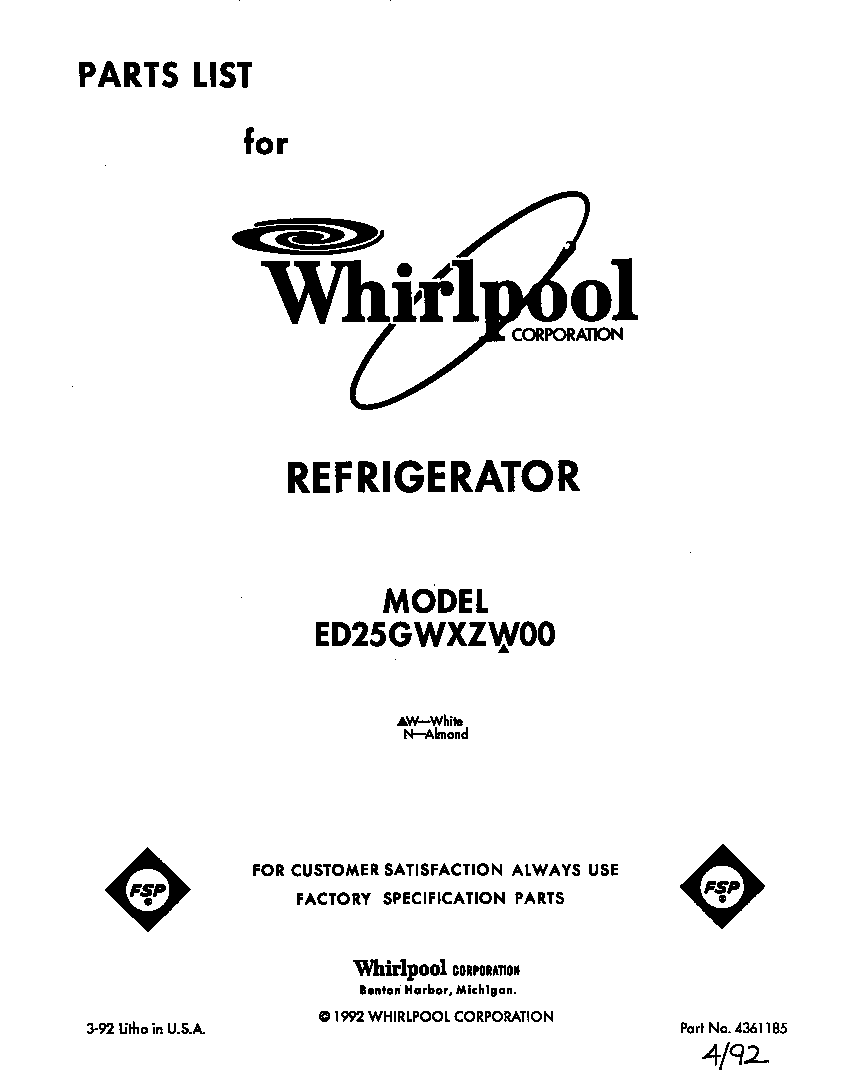 Whirlpool ED25GWXZW00 front cover diagram