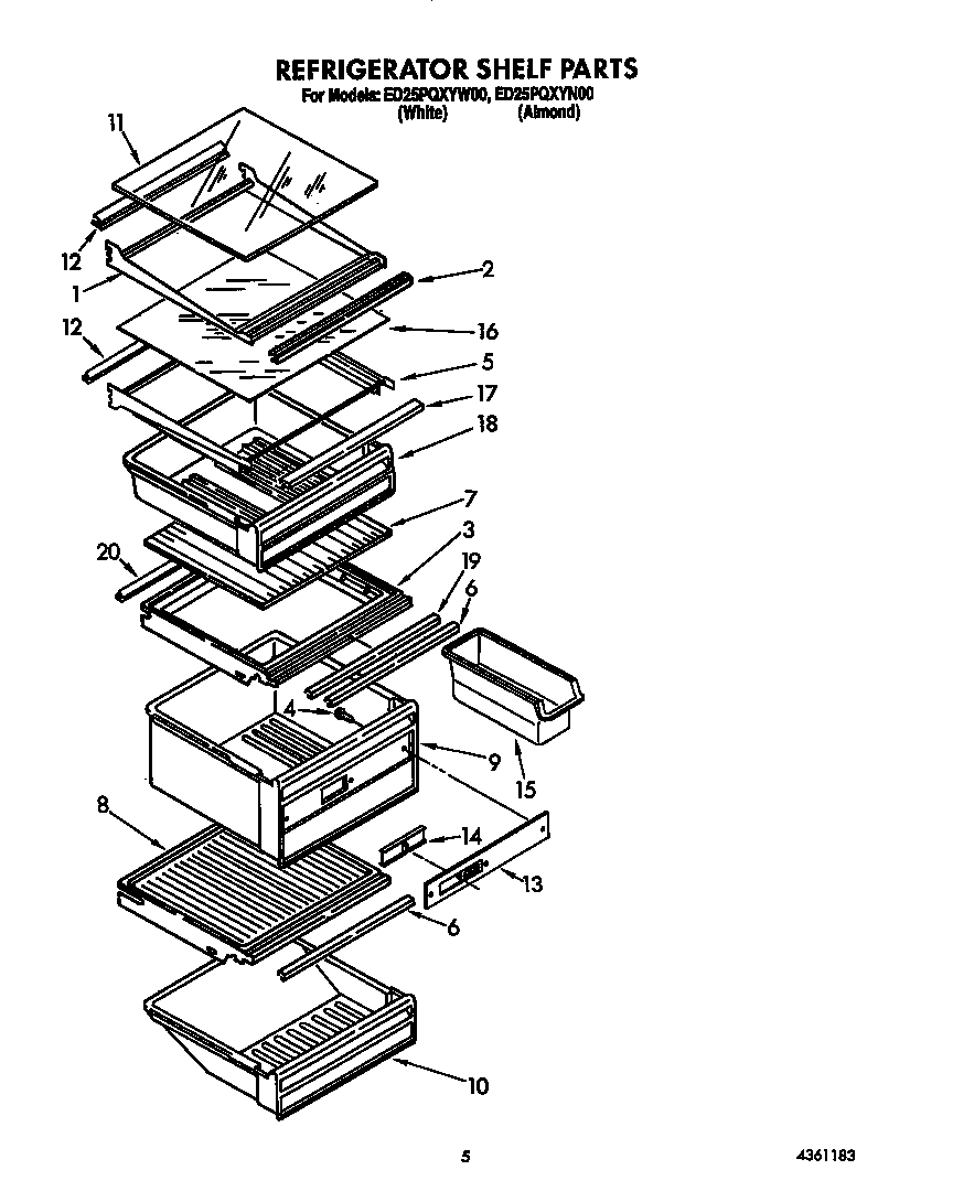 Whirlpool ED25PQXYW00 refrigerator shelf diagram