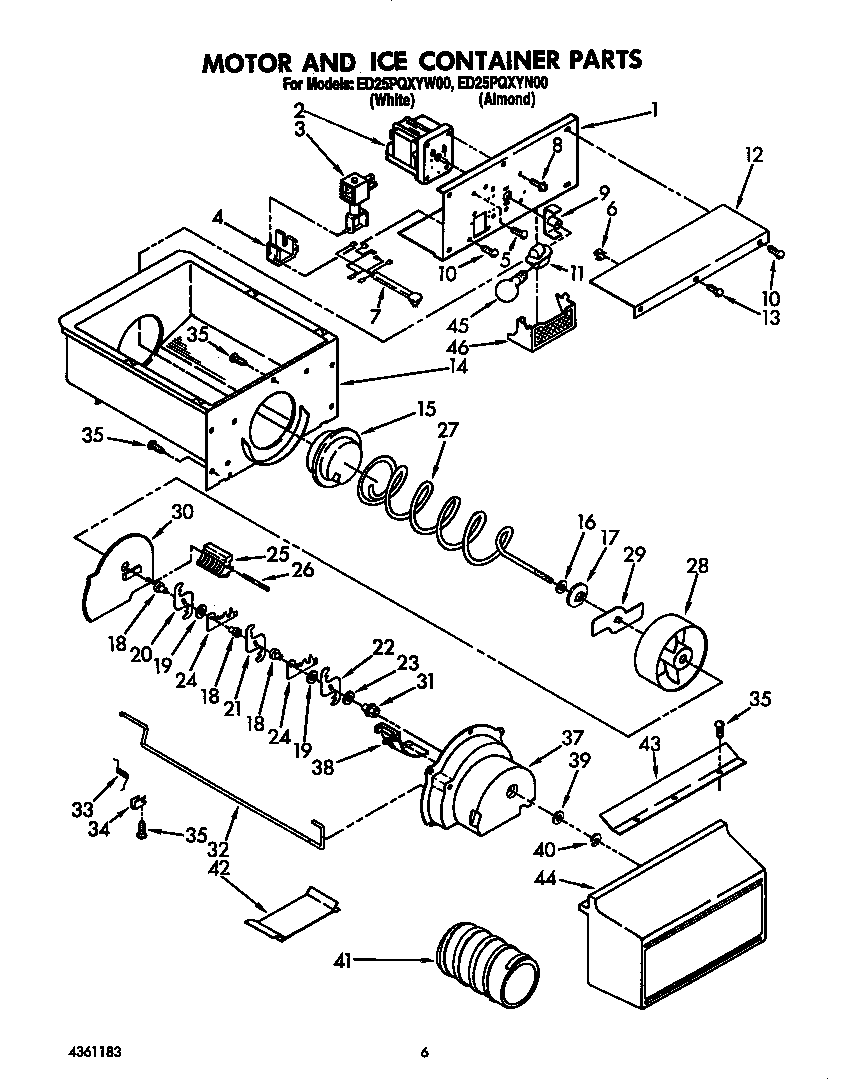 Whirlpool ED25PQXYW00 motor and ice container diagram