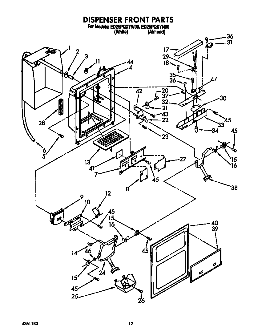 Whirlpool ED25PQXYW00 dispenser front diagram