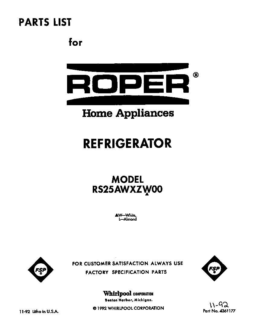 Roper RS25AWXZW00 front cover diagram