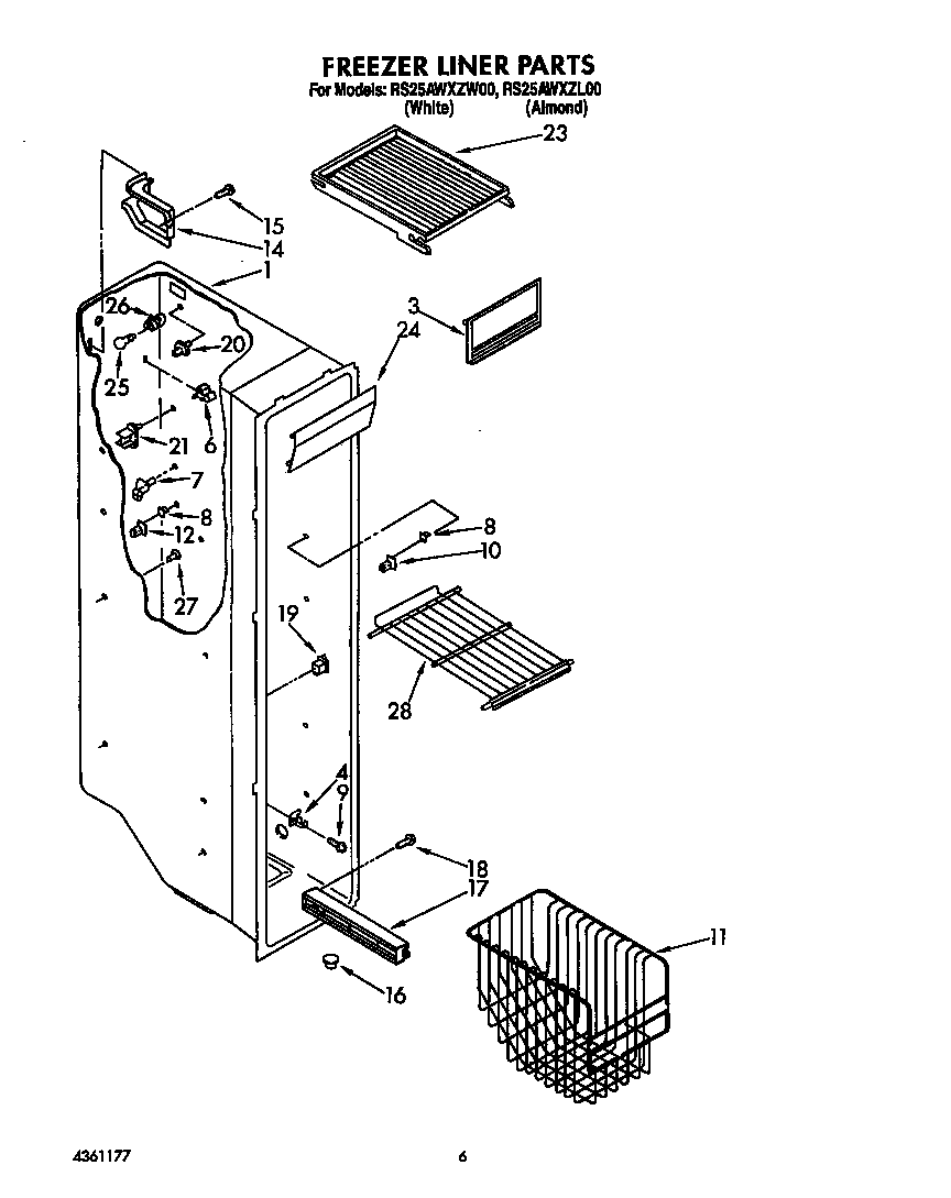 Roper RS25AWXZW00 freezer liner diagram
