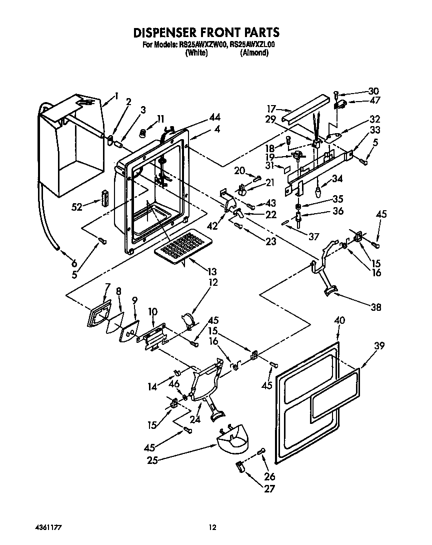 Roper RS25AWXZW00 dispenser front diagram