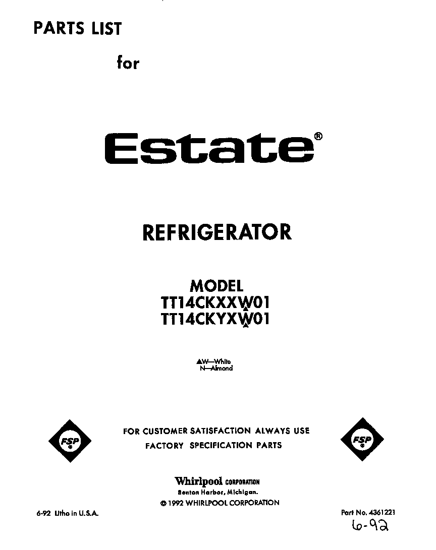 Estate TT14CKXXW01 front cover diagram
