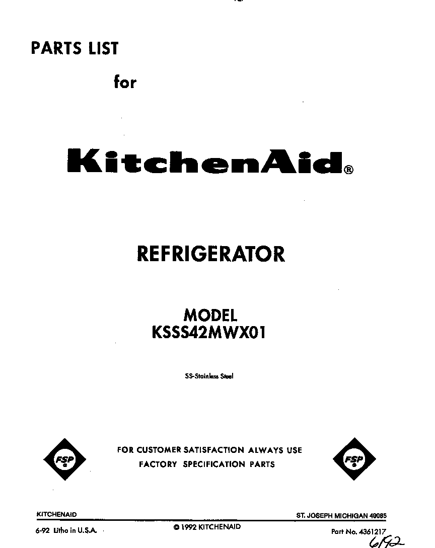 KitchenAid KSSS42MWX01 front cover diagram