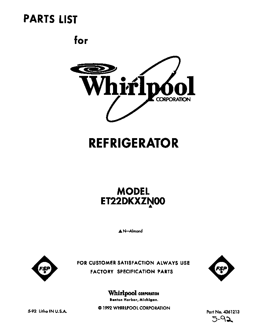 Whirlpool ET22DKXZN00 front cover diagram