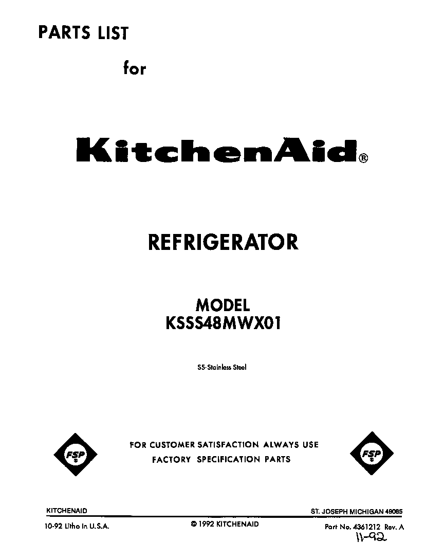 KitchenAid KSSS48MWX01 front cover diagram