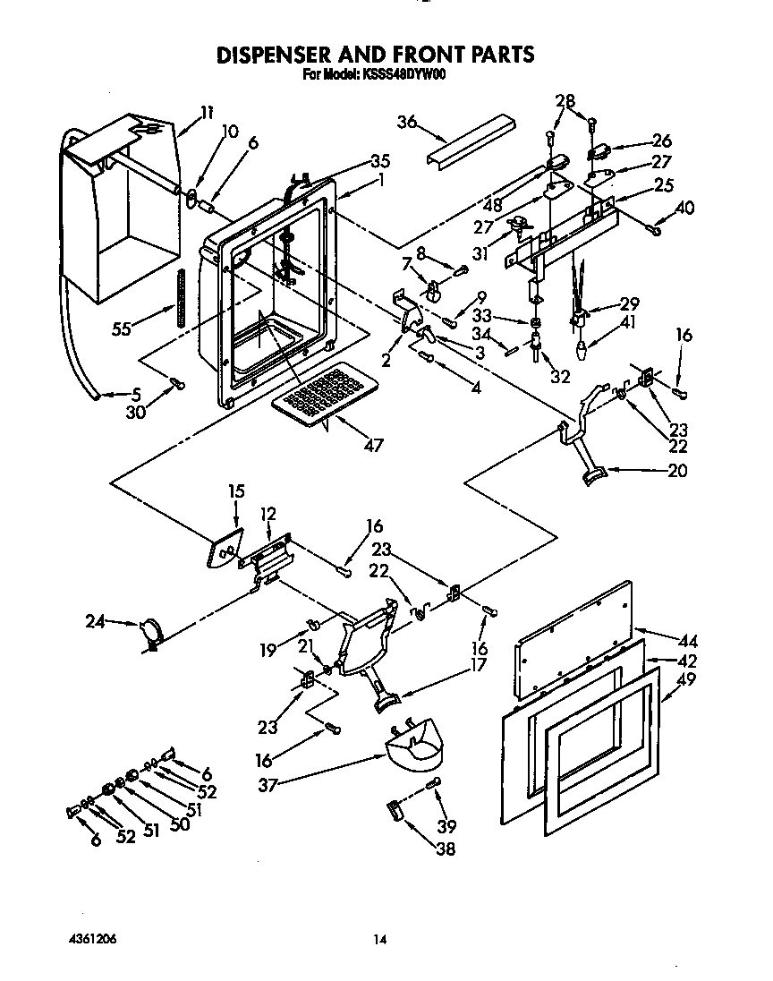 KitchenAid KSSS48DYW00 dispenser and front diagram