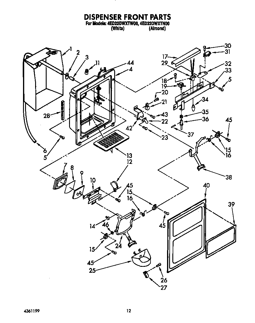 Whirlpool 4ED22DWXTW00 dispenser front diagram