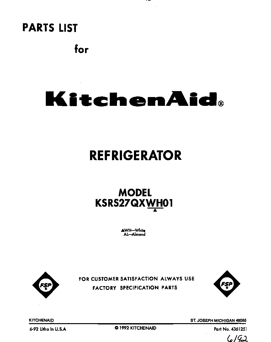 KitchenAid KSRS27QXWH01 front cover diagram