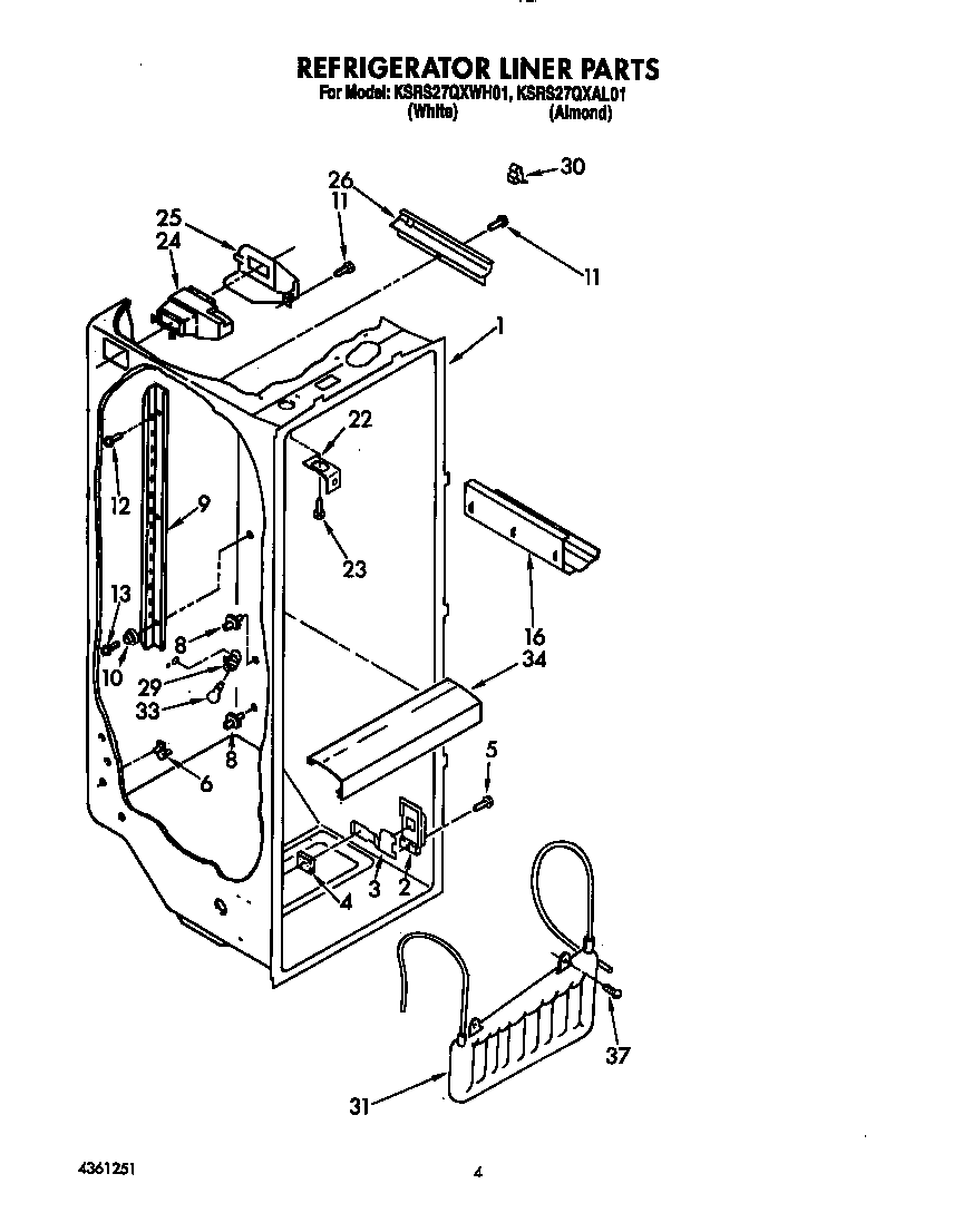 KitchenAid KSRS27QXWH01 refrigerator liner diagram