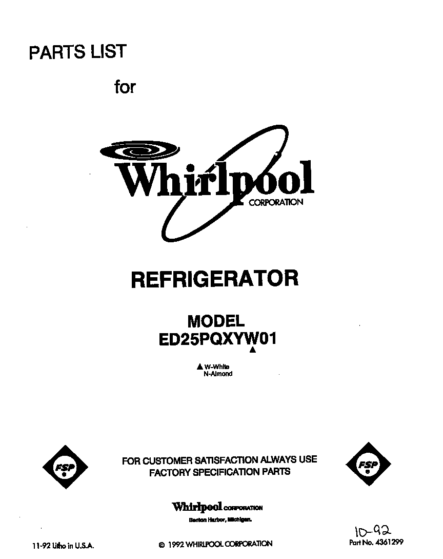 Whirlpool ED25PQXYW01 front cover diagram