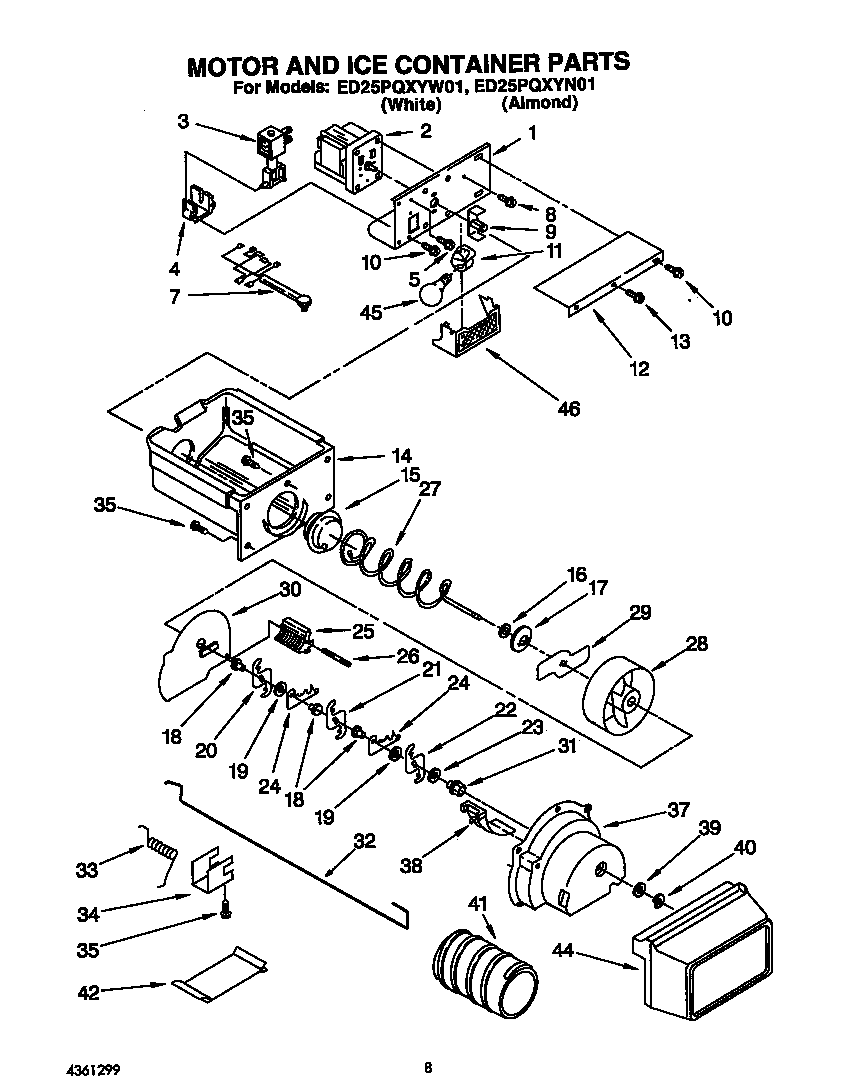 Whirlpool ED25PQXYW01 motor and ice container diagram