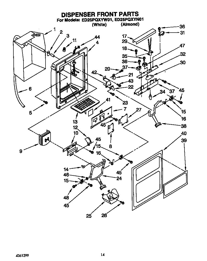 Whirlpool ED25PQXYW01 dispenser front diagram