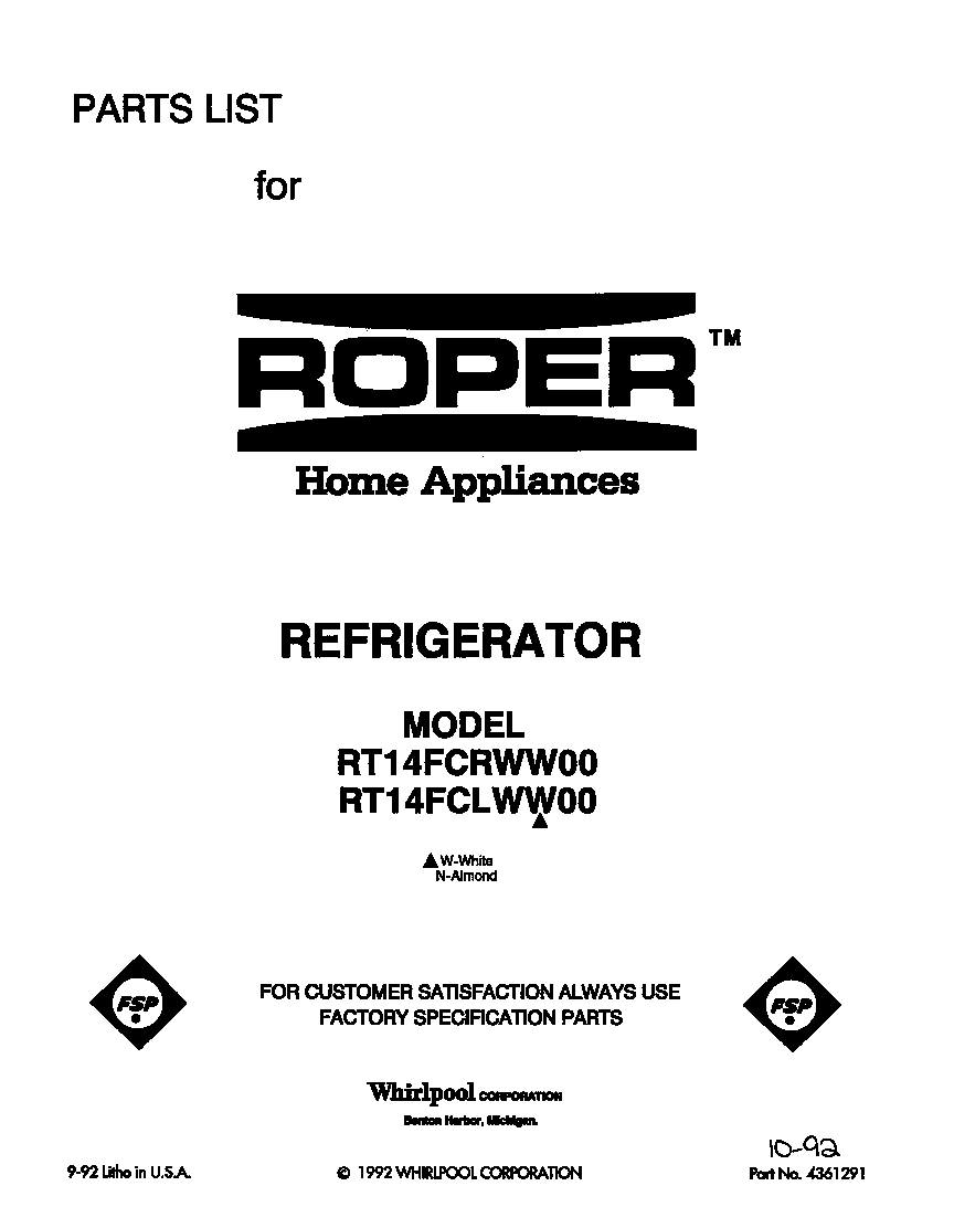 Roper RT14FCLWW00 front cover diagram