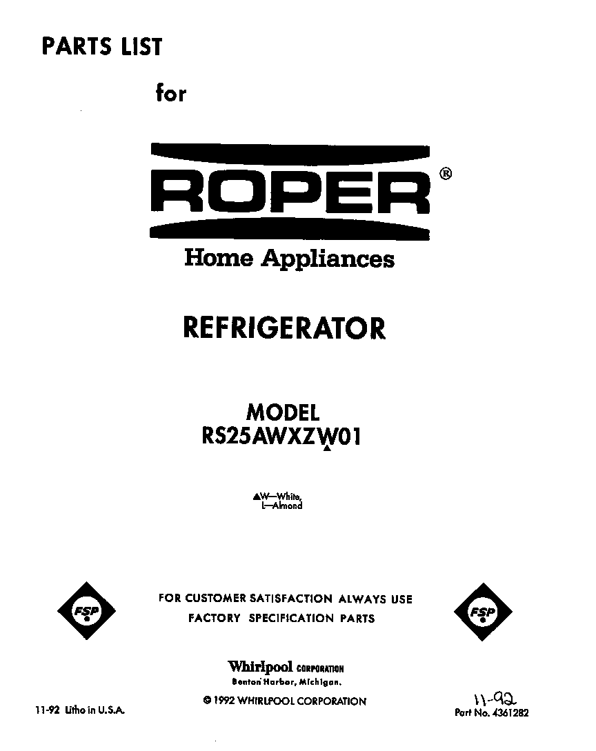 Whirlpool RS25AWXZW01 front cover diagram
