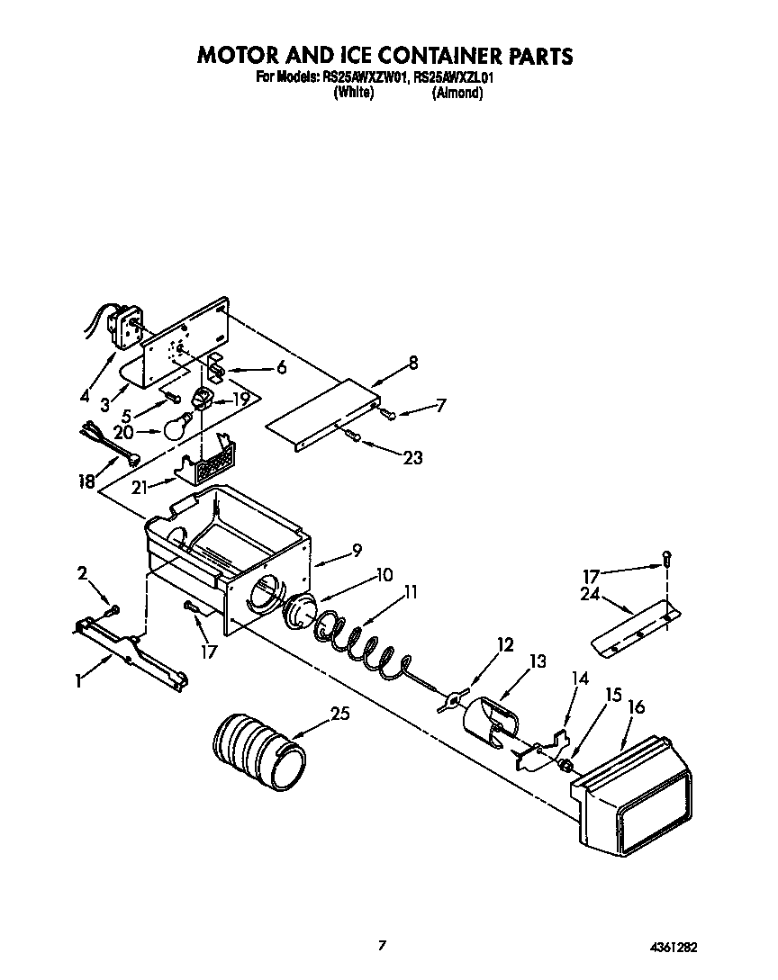Whirlpool RS25AWXZW01 motor and ice container diagram