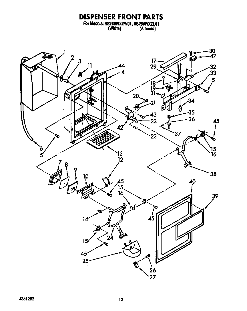Whirlpool RS25AWXZW01 dispenser front diagram