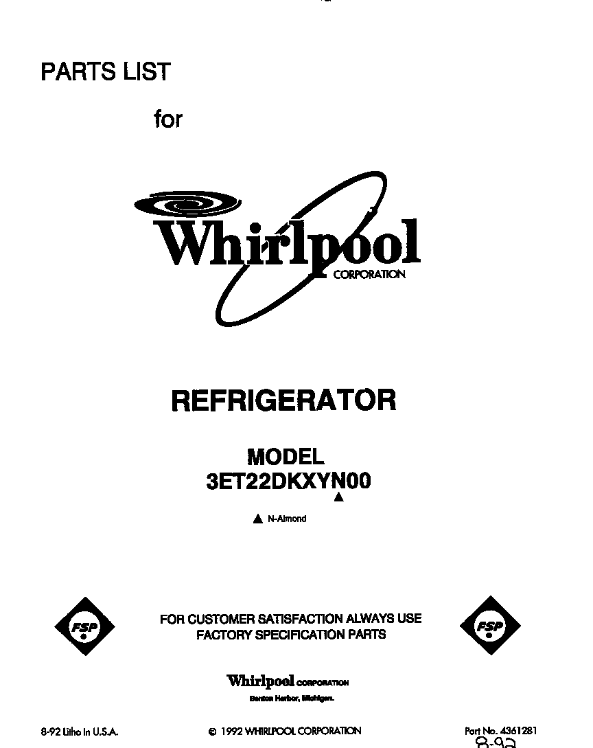 Whirlpool 3ET22DKXYN00 front cover diagram