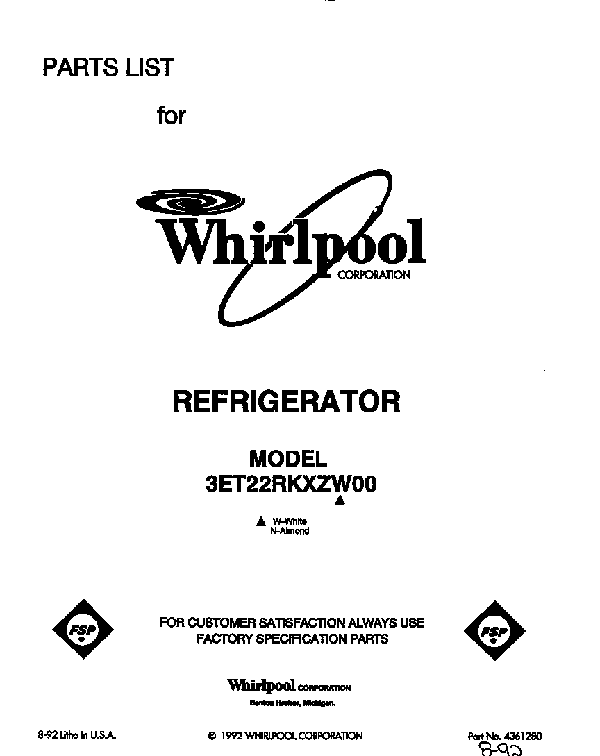Whirlpool 3ET22RKXZW00 front cover diagram