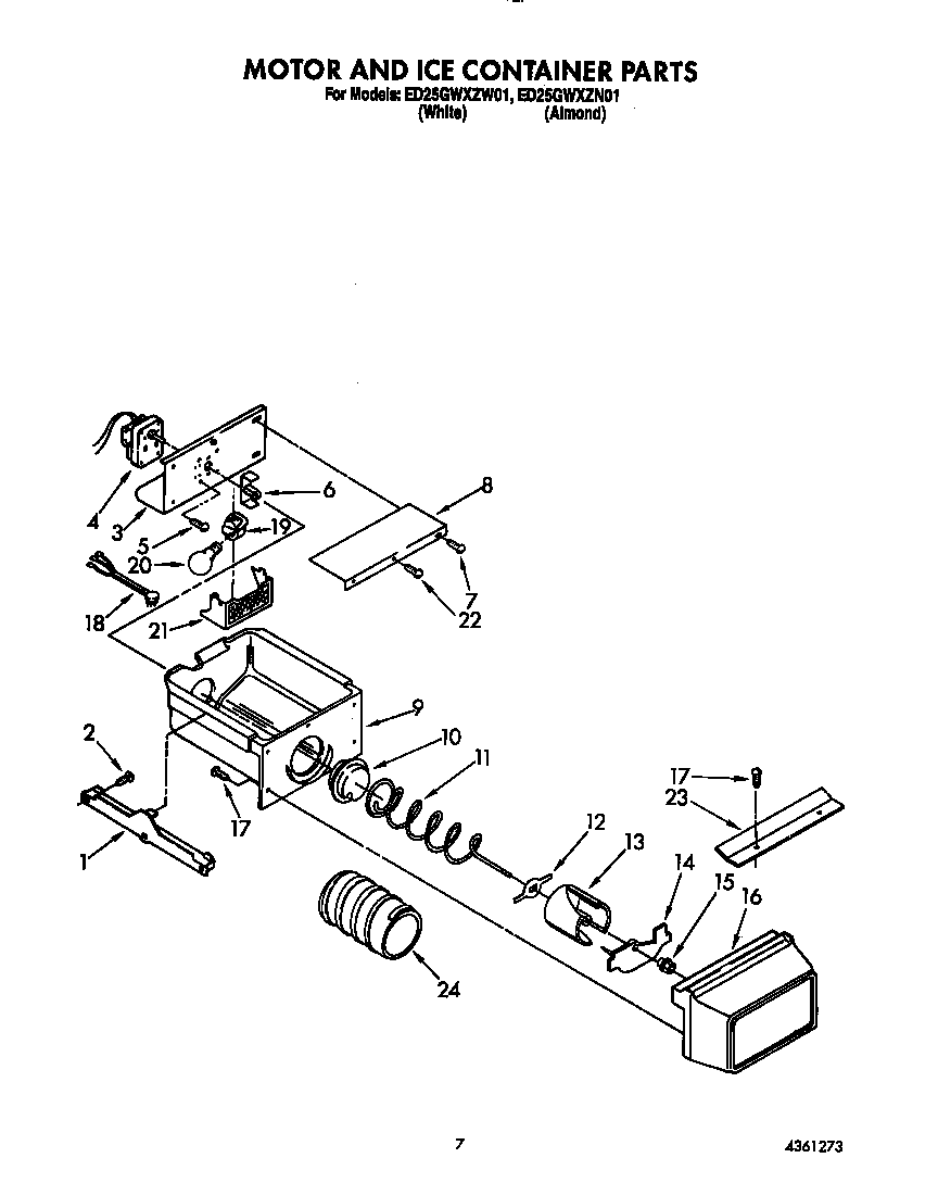 Whirlpool ED25GWXZW01 motor and ice container diagram