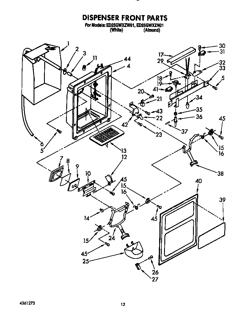 Whirlpool ED25GWXZW01 dispenser front diagram